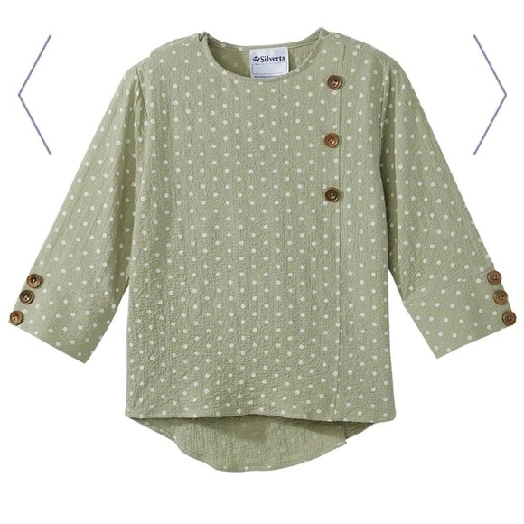 Silverts Adaptive Top, high low, light green w/ white polka dots, snaps&buttons - Picture 12 of 16